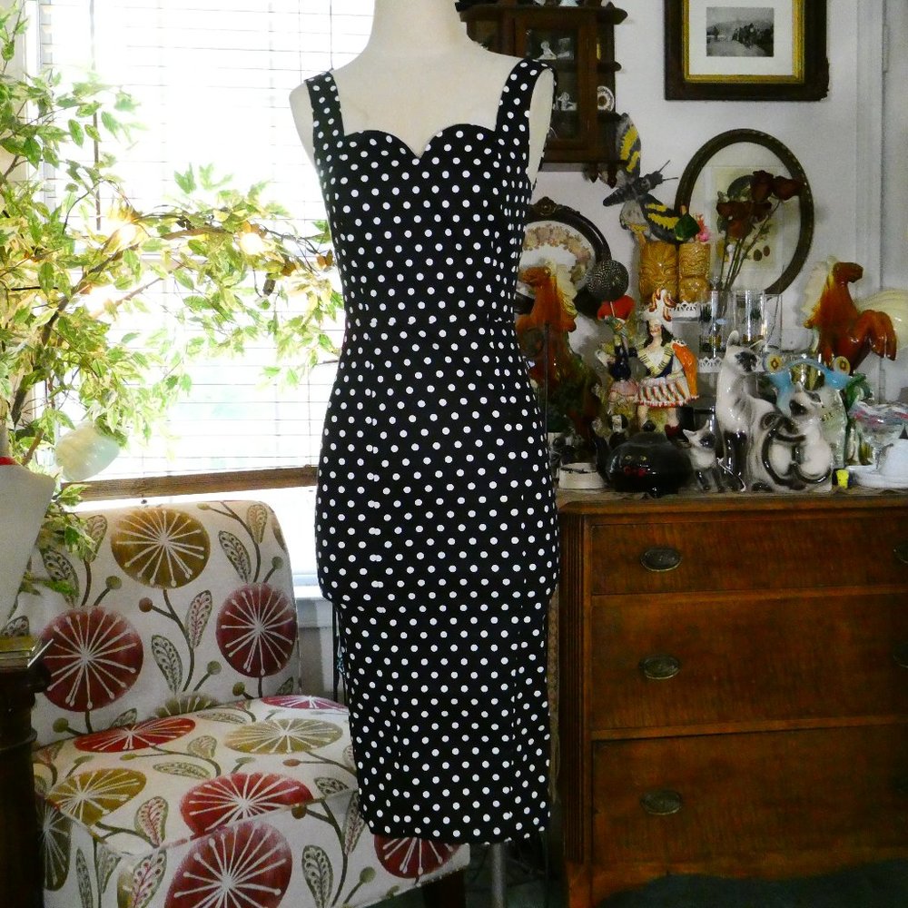 Collectif Clothing Black and White Polka Dot 1950's Style Wiggle Dress SZ XXS